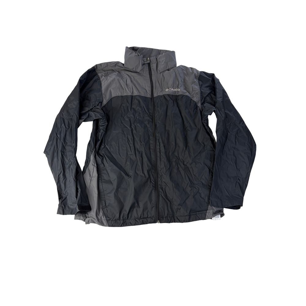 Columbia Jacket Mens L Glennaker Lake Rain Windbreaker Packable Hood Grey Black